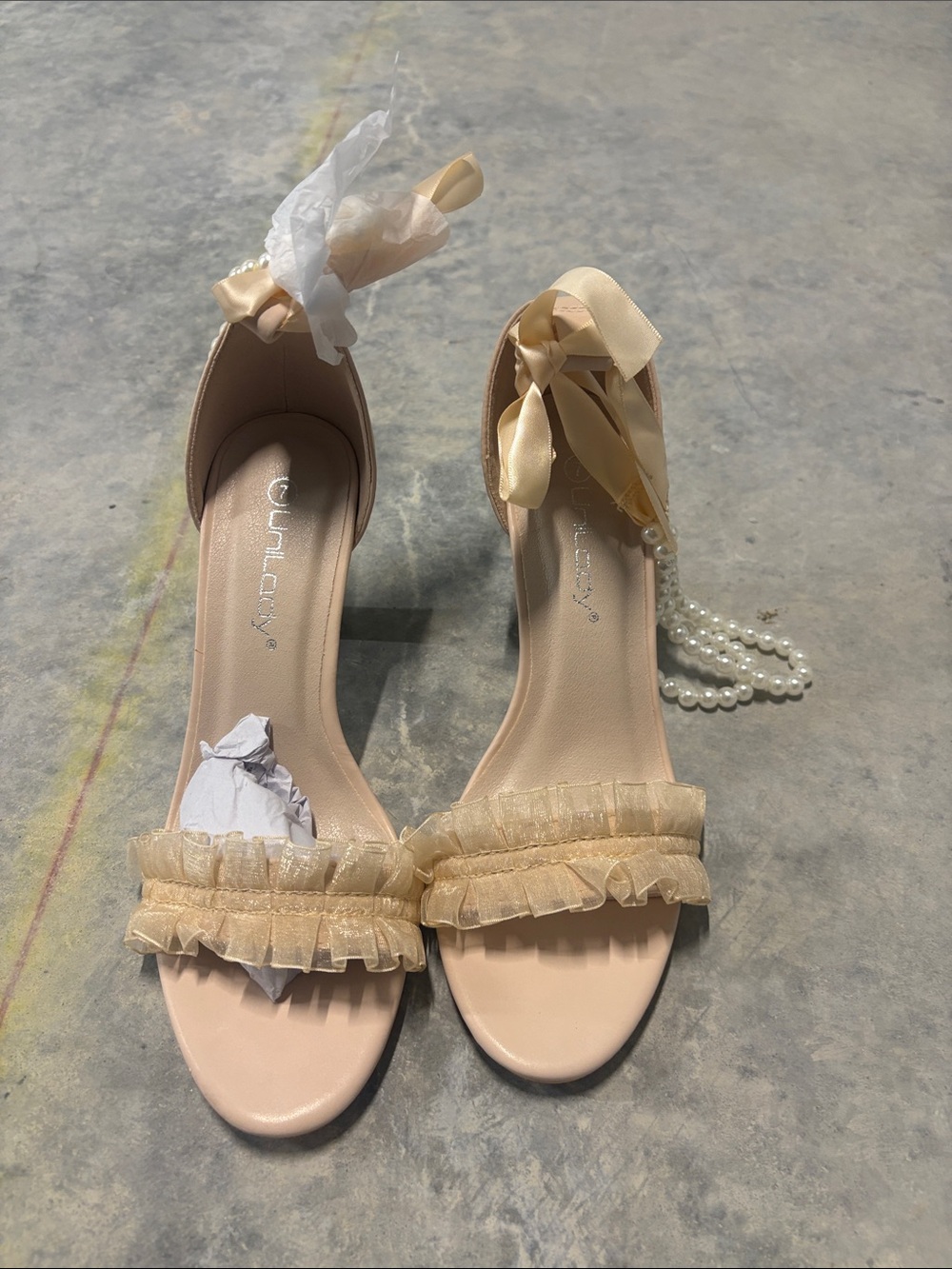 Pearl-Accented Ruffle Ankle-Tie Heels - Nude/Beige